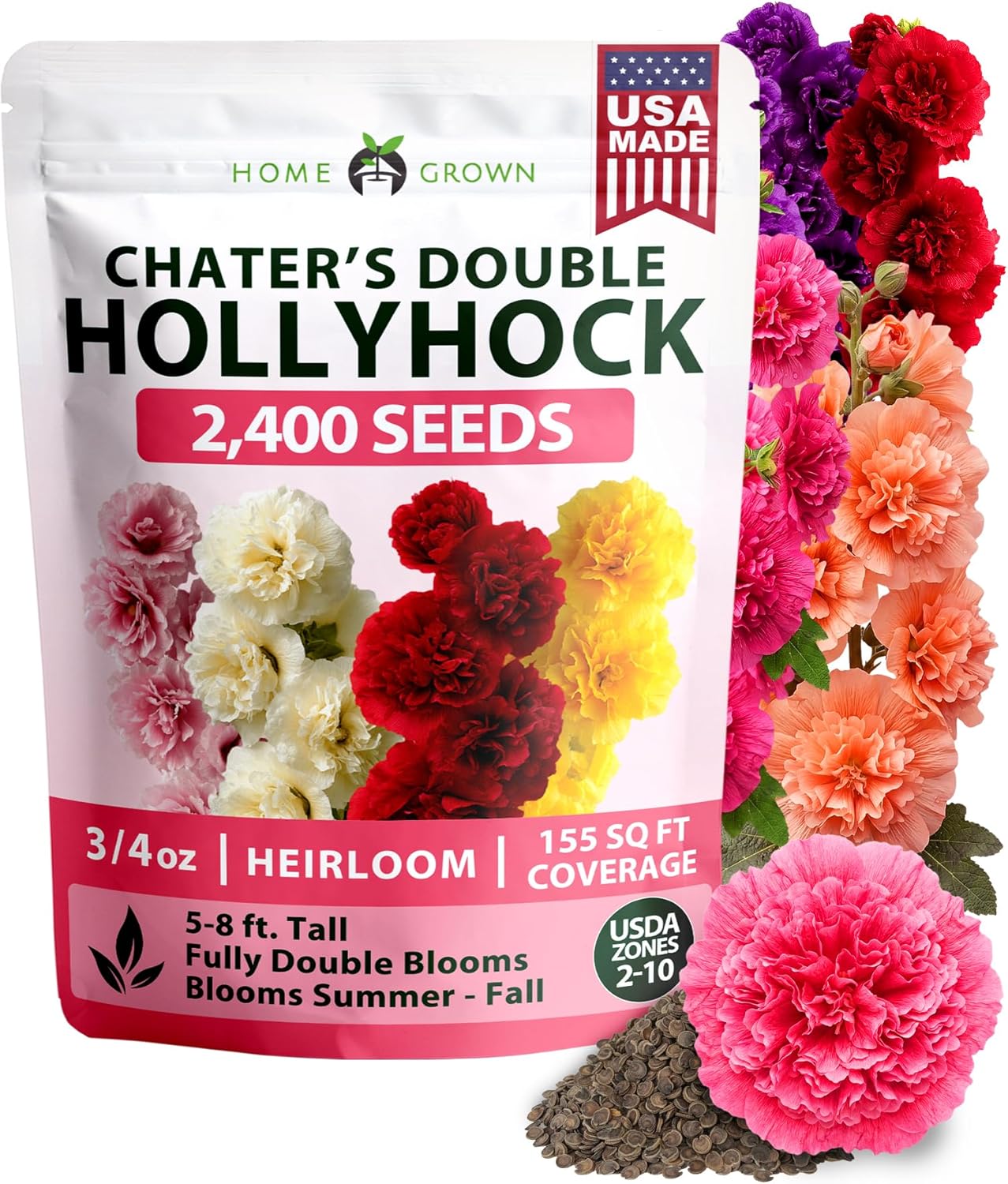 HOME GROWN Hollyhock Chaters Double Mix 2,400 Seeds – Holly Hocks Seeds for Planting Spring 2026, Double Flower Hollyhock Seeds, Flower Seeds Perennial Outdoor Garden (Alcea rosea)