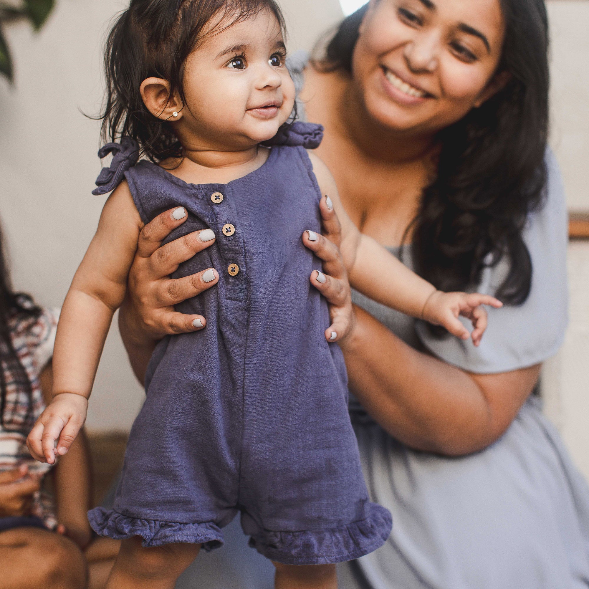 Check Gauze Blue Girl Romper - Blue Smoke