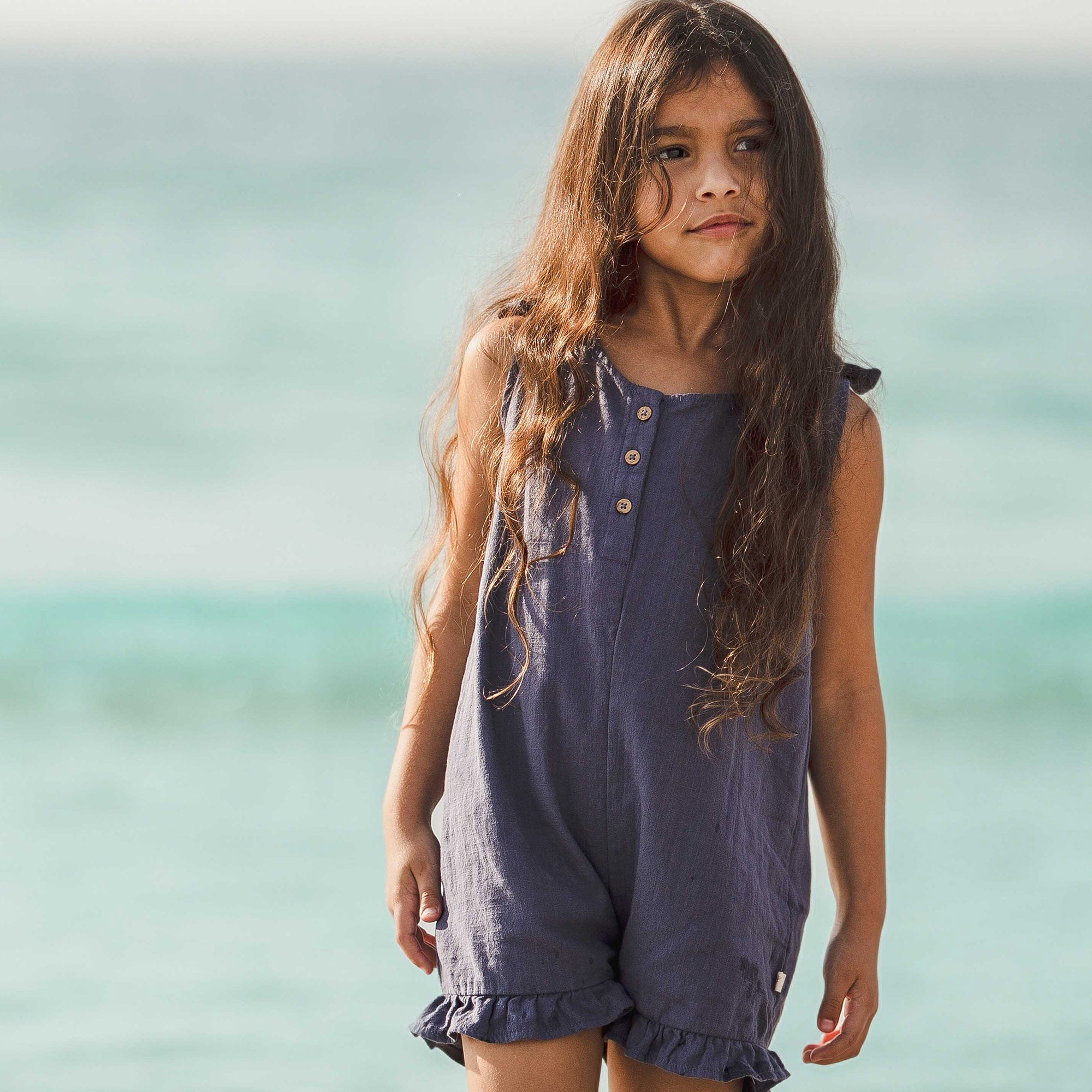 Check Gauze Blue Girl Romper - Blue Smoke